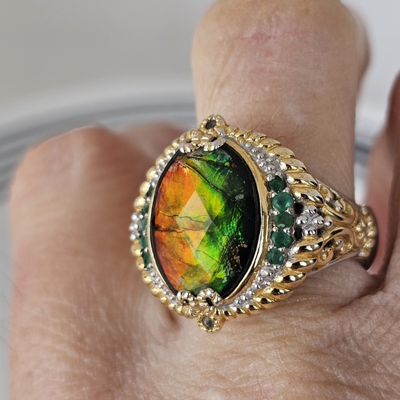 Rare Natural Ammolite & Emerald Ring Palladium Sterling Silver 18k Size 8! - Picture 6 of 11